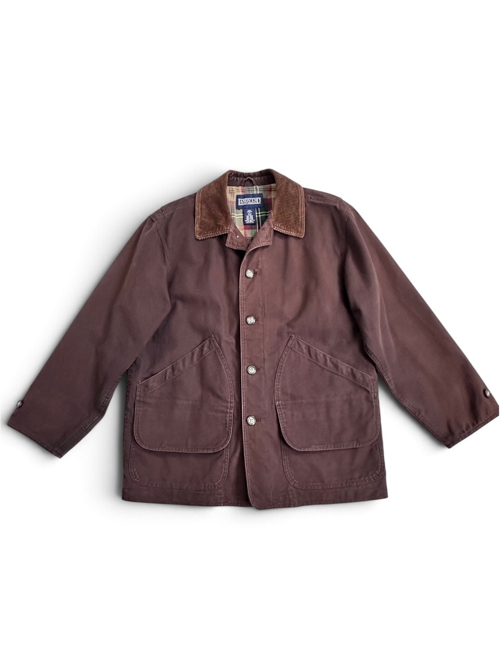 Vintage 90s Lands’ End Men’s M Brown Canvas Barn Coat Corduroy Plaid Lined